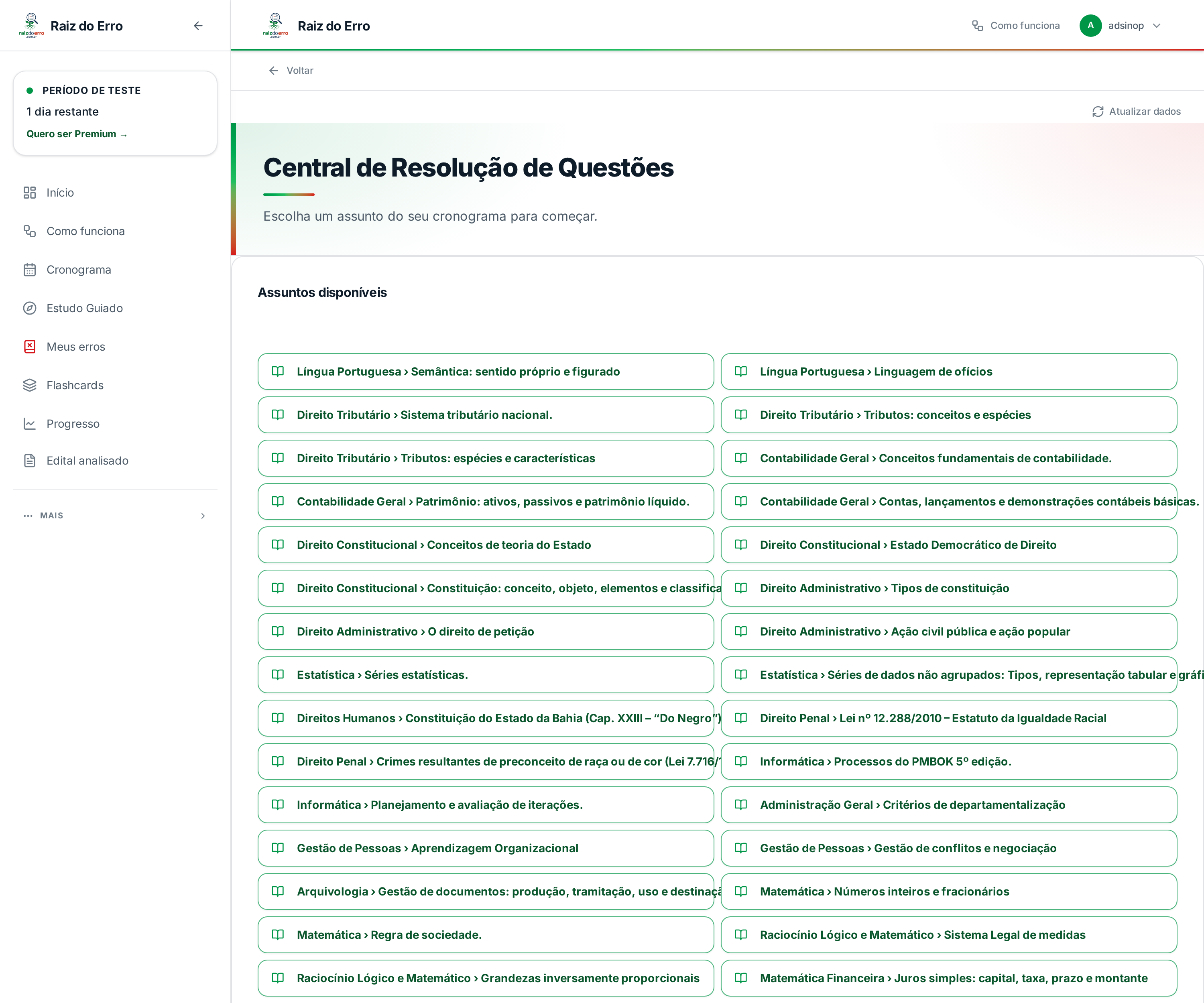 Central de Resolução de Questões com assuntos do cronograma do aluno